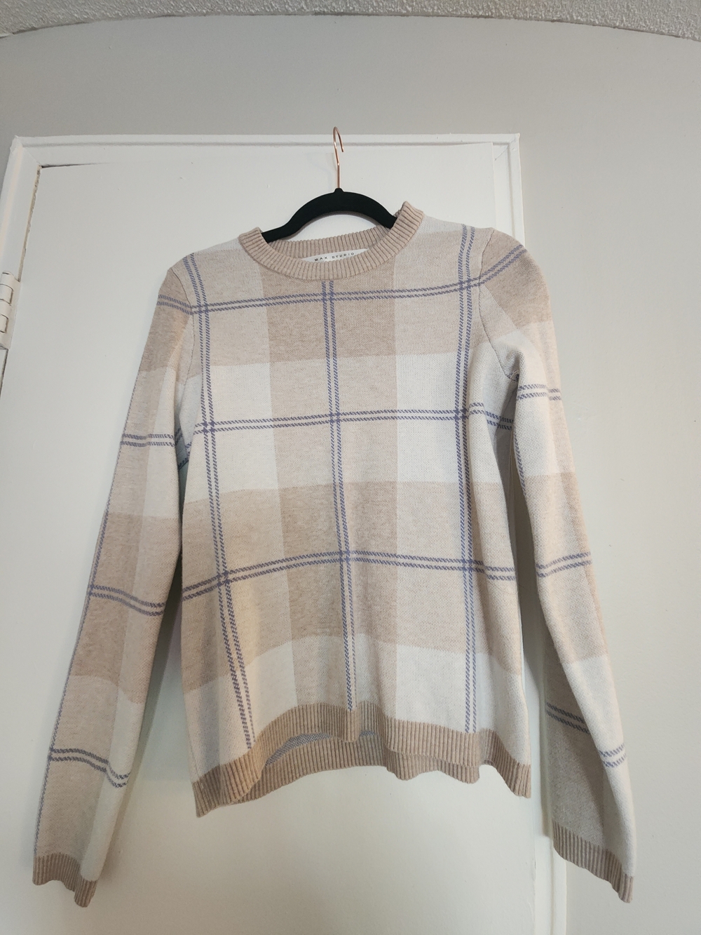 Max Studio Beige and Cream Plaid Crewneck Sweater